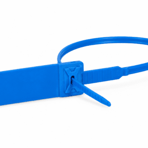 Mėlyna juostinė plastikinė plomba Strap 300 su numeriu baltame fone
