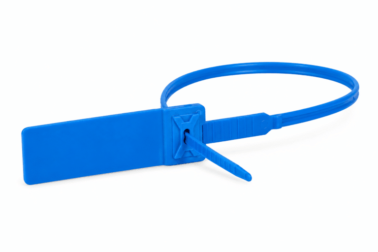 Mėlyna juostinė plastikinė plomba Strap 300 su numeriu baltame fone