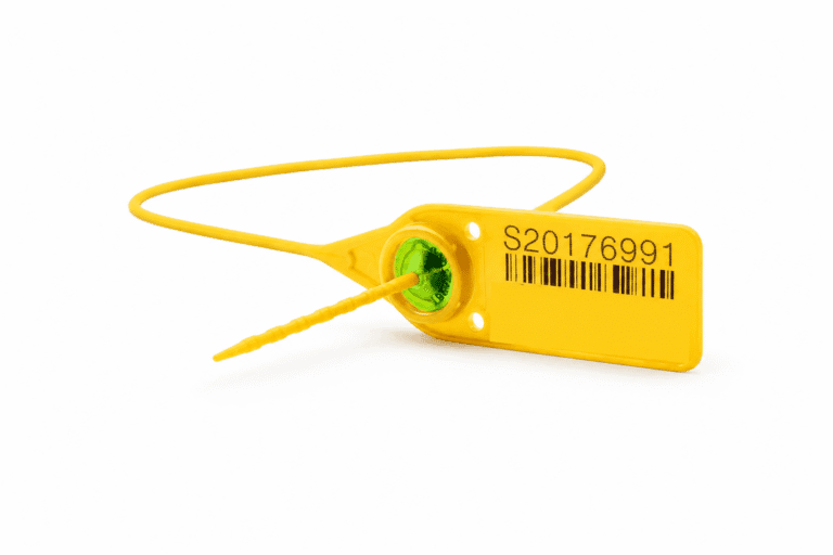 Geltona reguliuojamo ilgio plastikinė plomba Flex 220 baltame fone