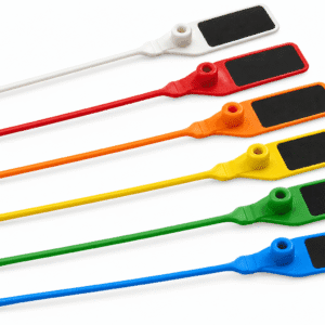 Šešių spalvų SGU tipo plastikinės plombos su juodais ženklinimo laukais baltame fone