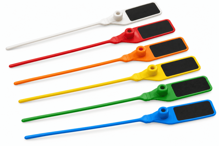 Šešių spalvų SGU tipo plastikinės plombos su juodais ženklinimo laukais baltame fone